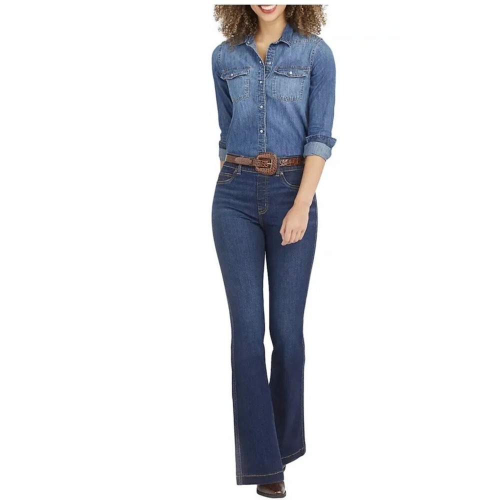 Spanx Flare Jeans Dark Wash Indigo High Rise Pull On Stretch Denim Small S 32in